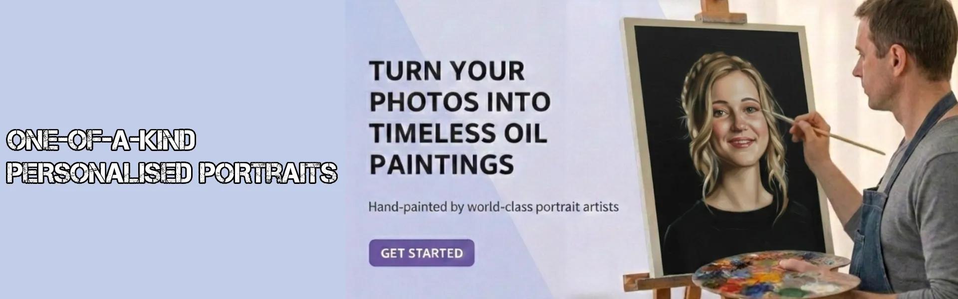 Custom personalised portrait service with an artist hand‑painting a woman’s photo into a realistic oil painting, showcasing one‑of‑a‑kind hand‑painted artwork.